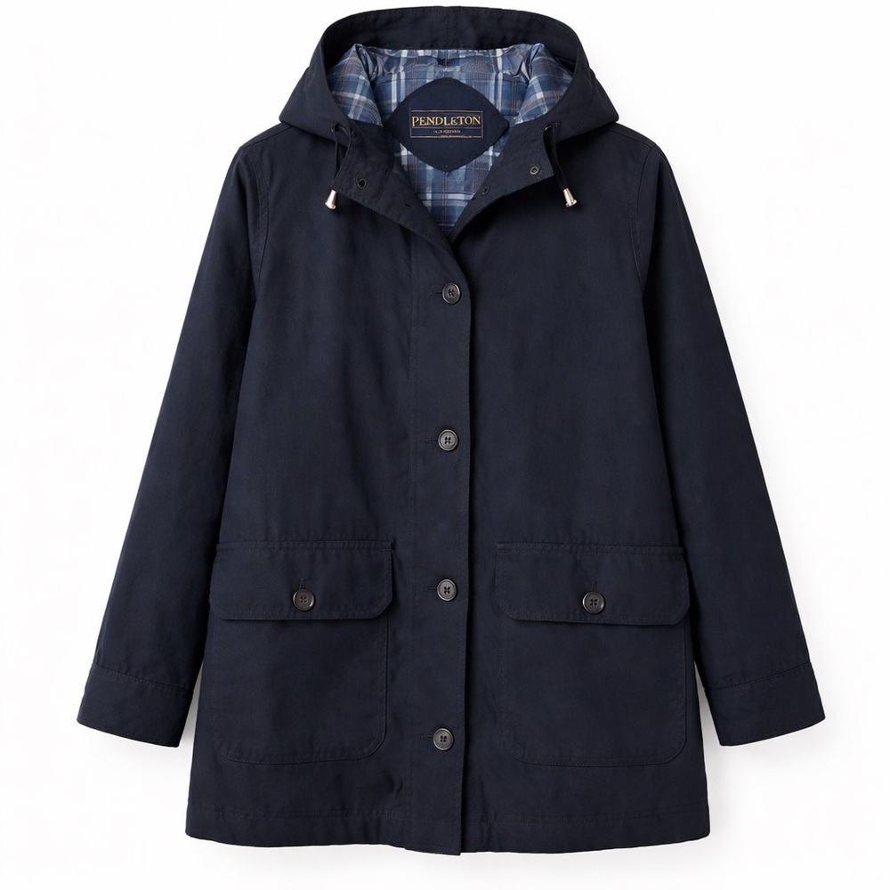 Pendleton Hooded Navy Jacket | Plaid Lining | Lightweight Coat | M Petite